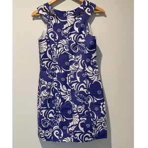 Lilly‎ Pulitzer Dress Size 4 Blue White Print Sleeveless Beaded Detail